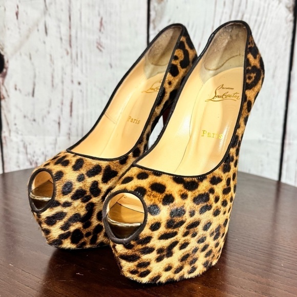 CHRISTIAN LOUBOUTIN Highness 160 PonyHair Leopard Print Peep Toe Platforms 38 EU - Picture 4 of 17